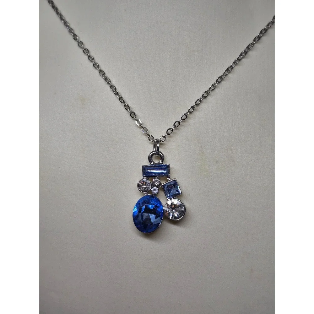 Silver Tone Blue and Clear Crystal Cluster Pendant Necklace Adjustable Chain